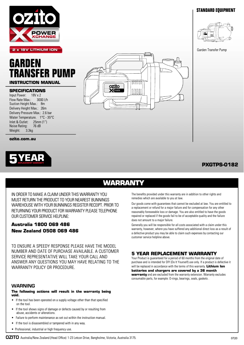 Page 1 de la notice Manuel utilisateur Ozito PXGTPS-0182