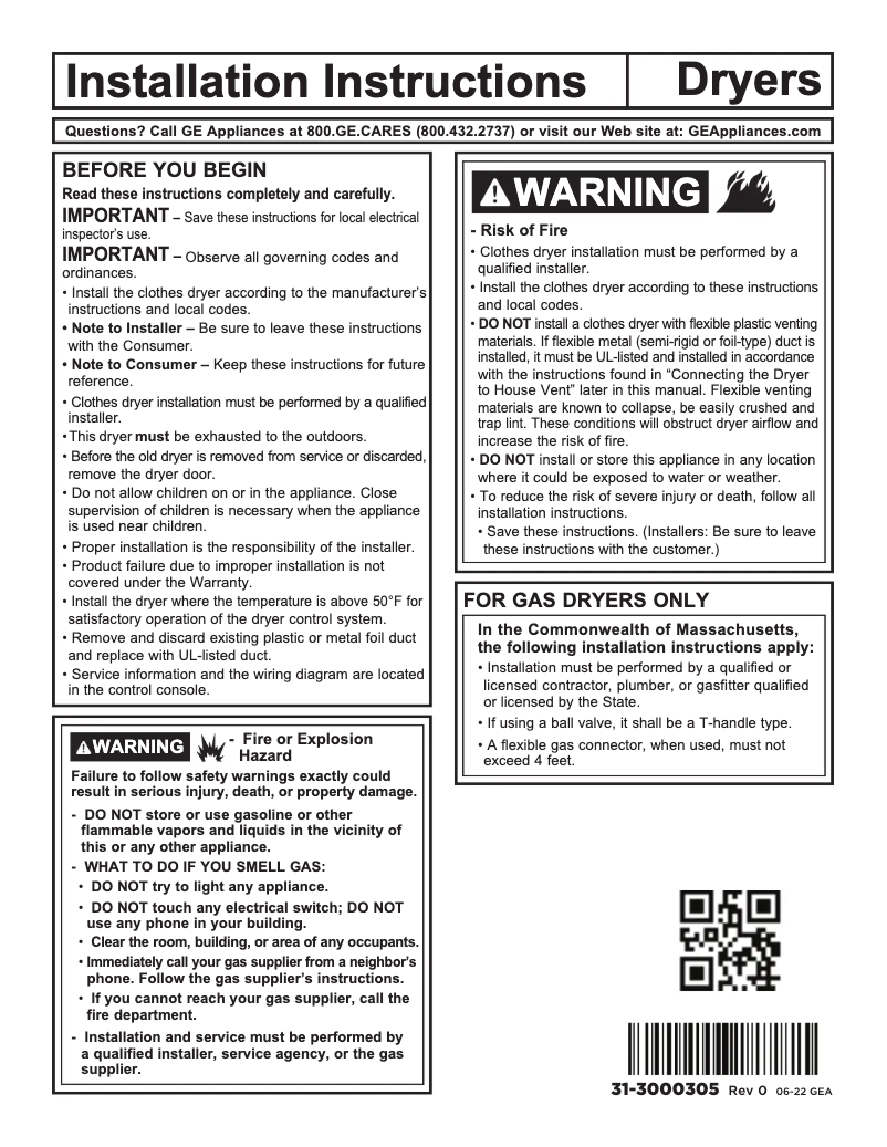 Página 1 del manual Guía de instalación GE VTD56GASVWB