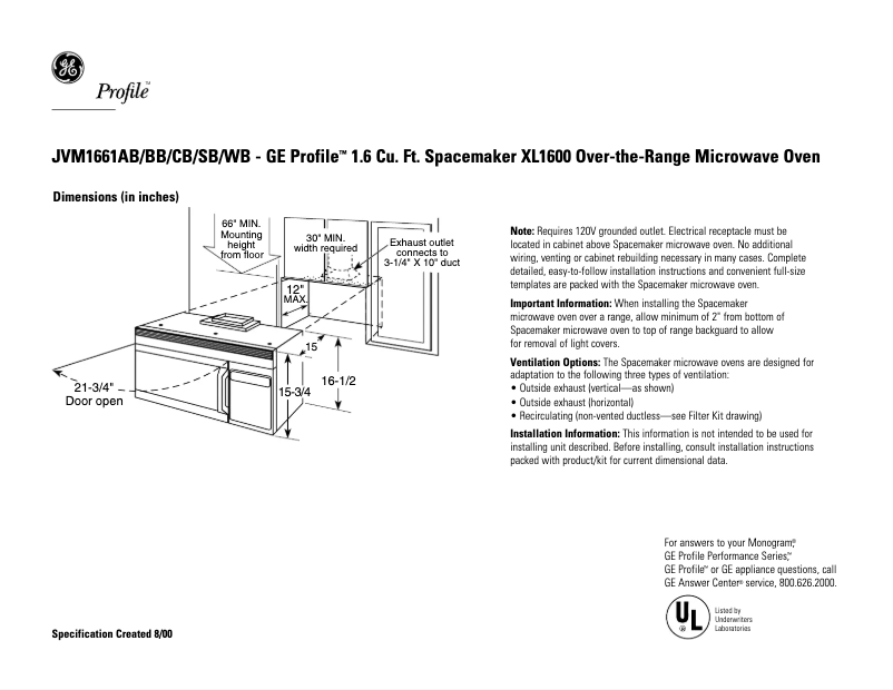 Página 1 del manual Ficha técnica GE Profile JVM1661AB