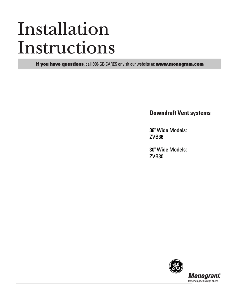 Page n°1 - Guide d'installation GE ZVB30BBBB