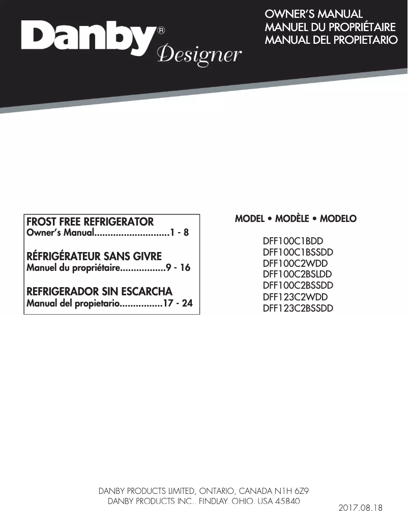 Page 1 de la notice Manuel utilisateur Danby DFF100C2