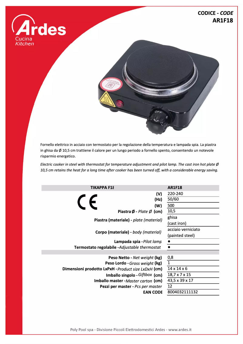 Page 1 de la notice Fiche technique Ardes AR1F18