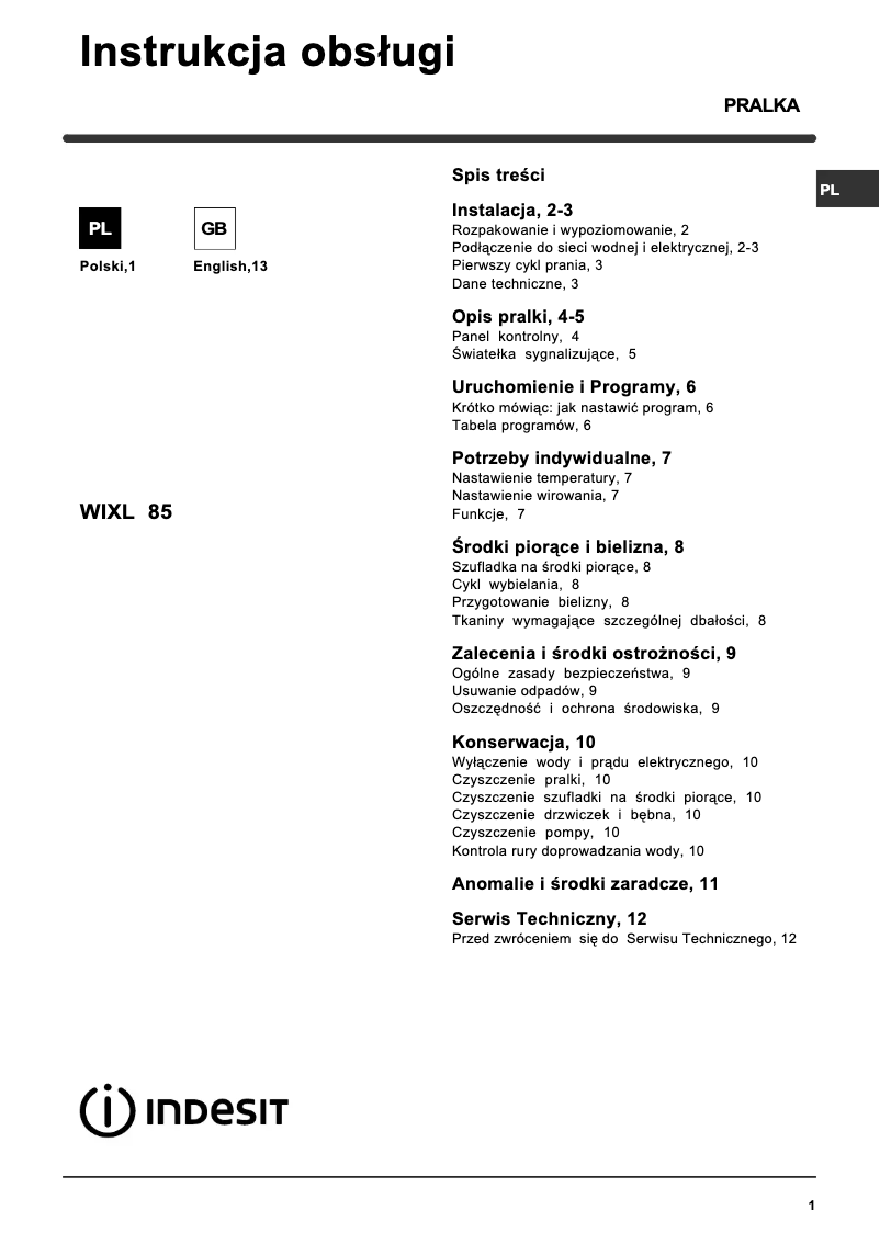 Page n°1 - Manuel utilisateur Indesit WIXL 85 (PL)