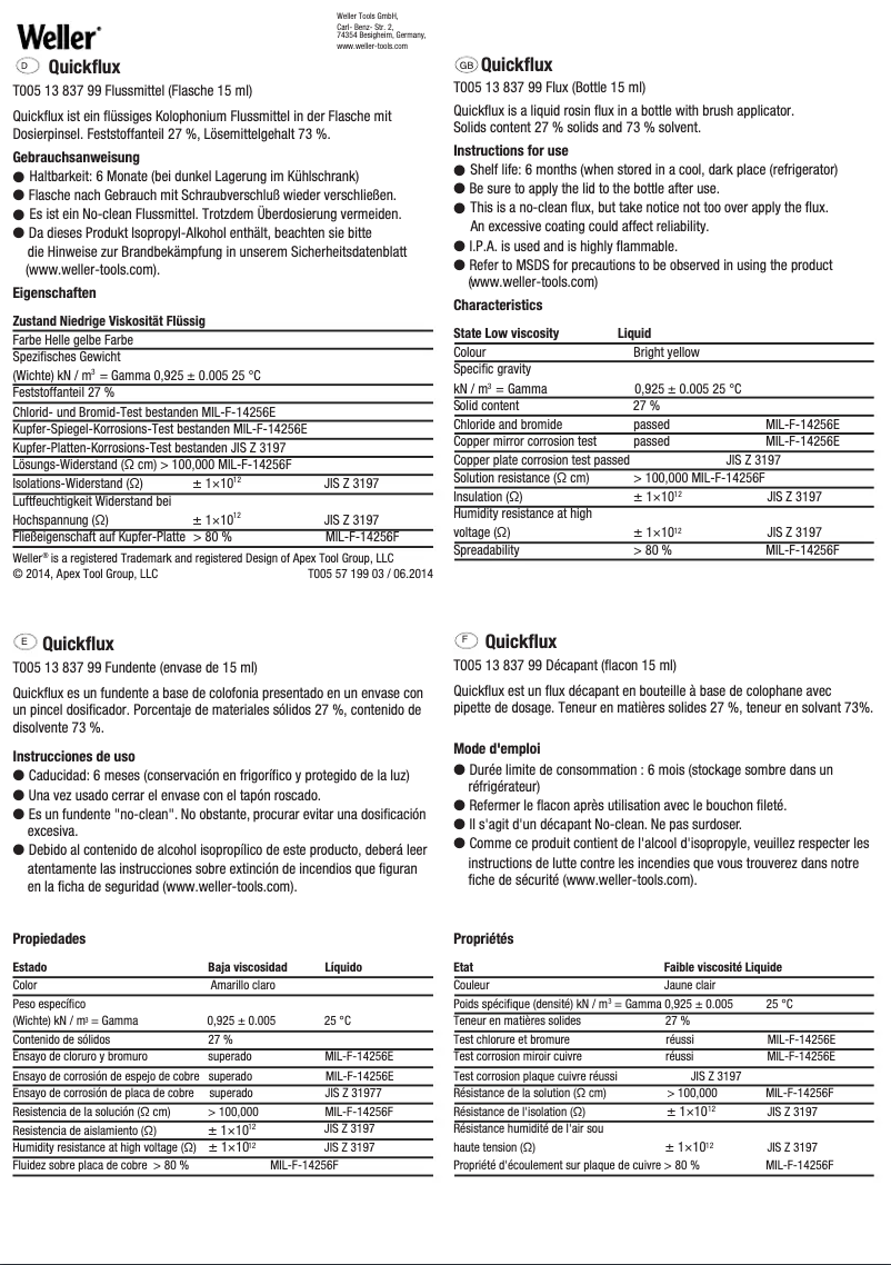 Page 1 de la notice Manuel utilisateur Weller QuickFlux