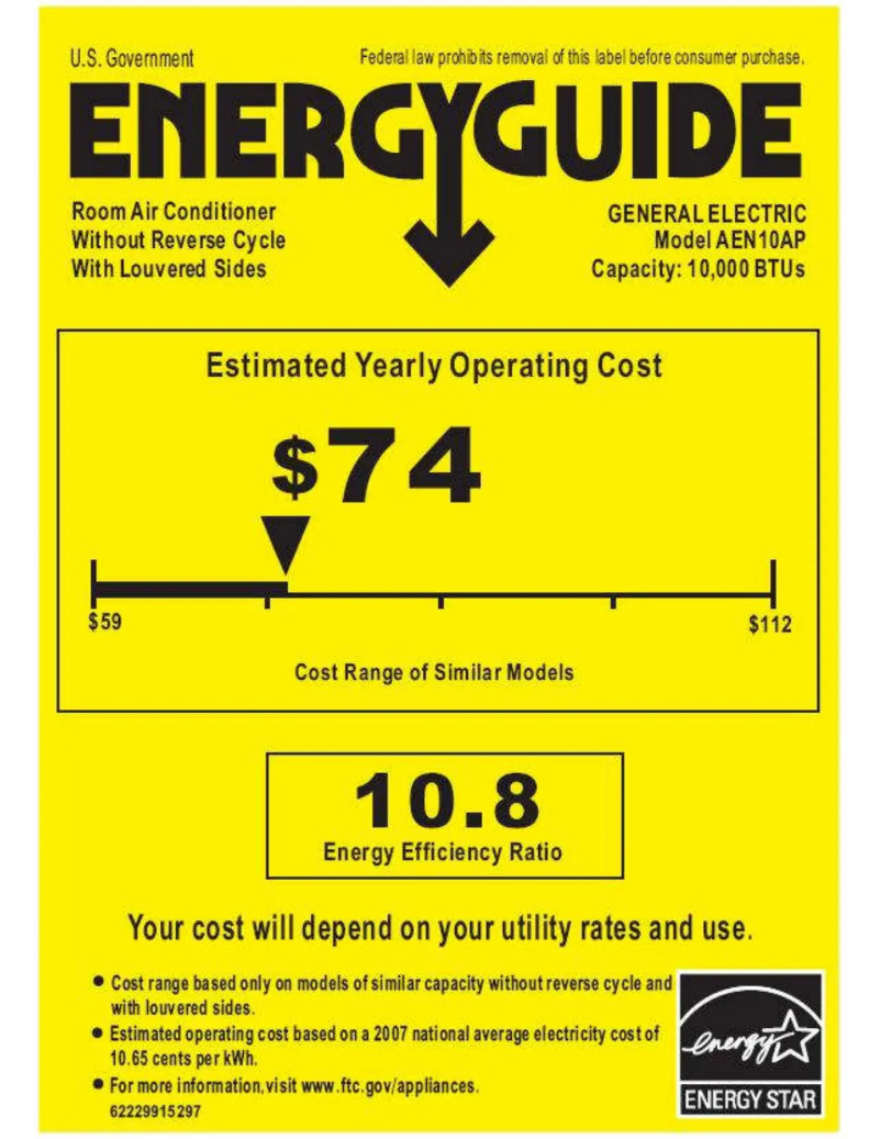 Page 1 de la notice Label énergétique GE AEN10AP