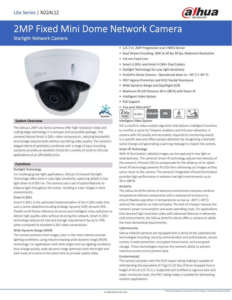 Page 1 de la notice Fiche technique Dahua Technology N22AL12