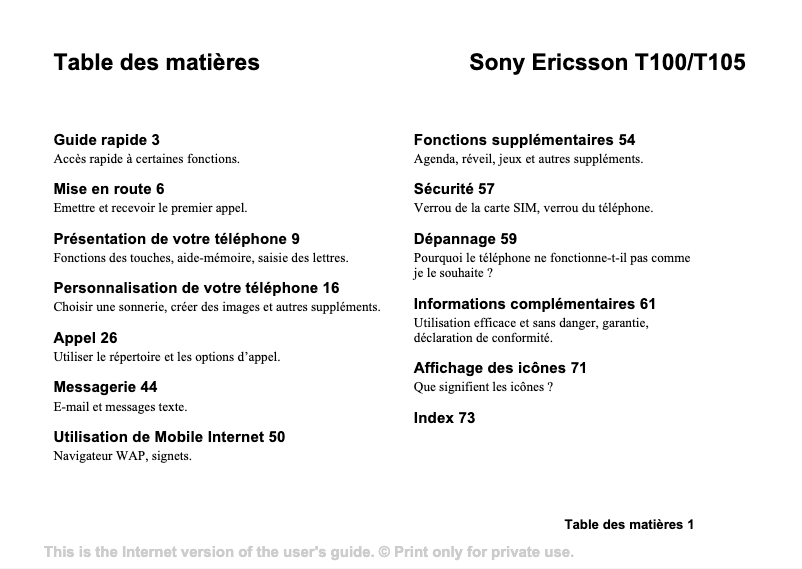 Page 1 de la notice Manuel utilisateur Sony Ericsson T100