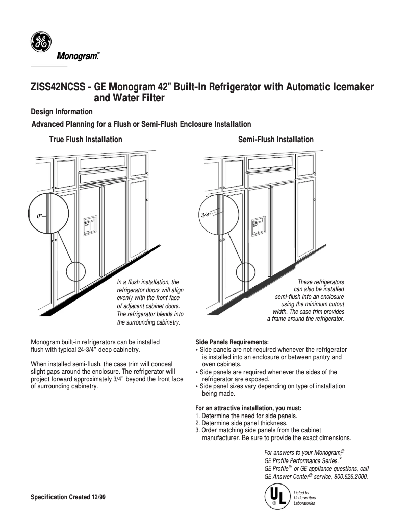 Page 1 of the manual Technical Sheet GE ZISS42NCSS