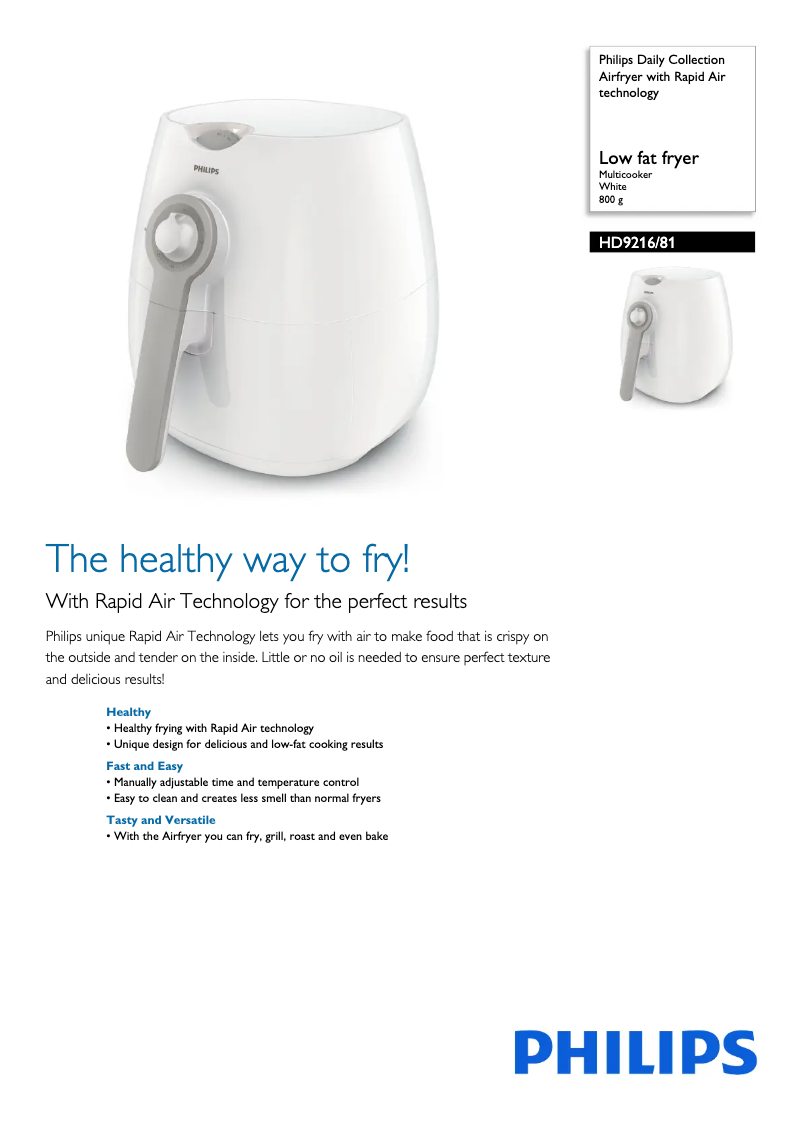 Página 1 del manual Ficha técnica Philips Daily Collection Airfryer HD9216