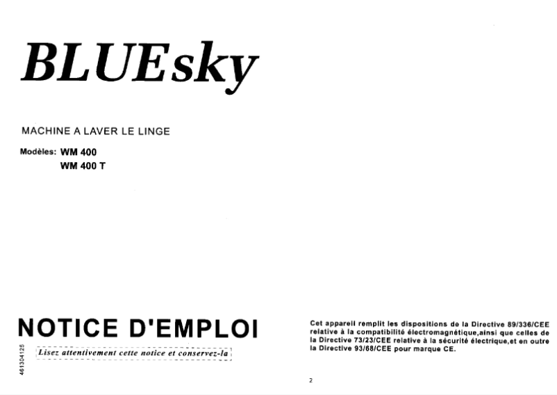 Page 1 de la notice Manuel utilisateur Bluesky WM 400 T