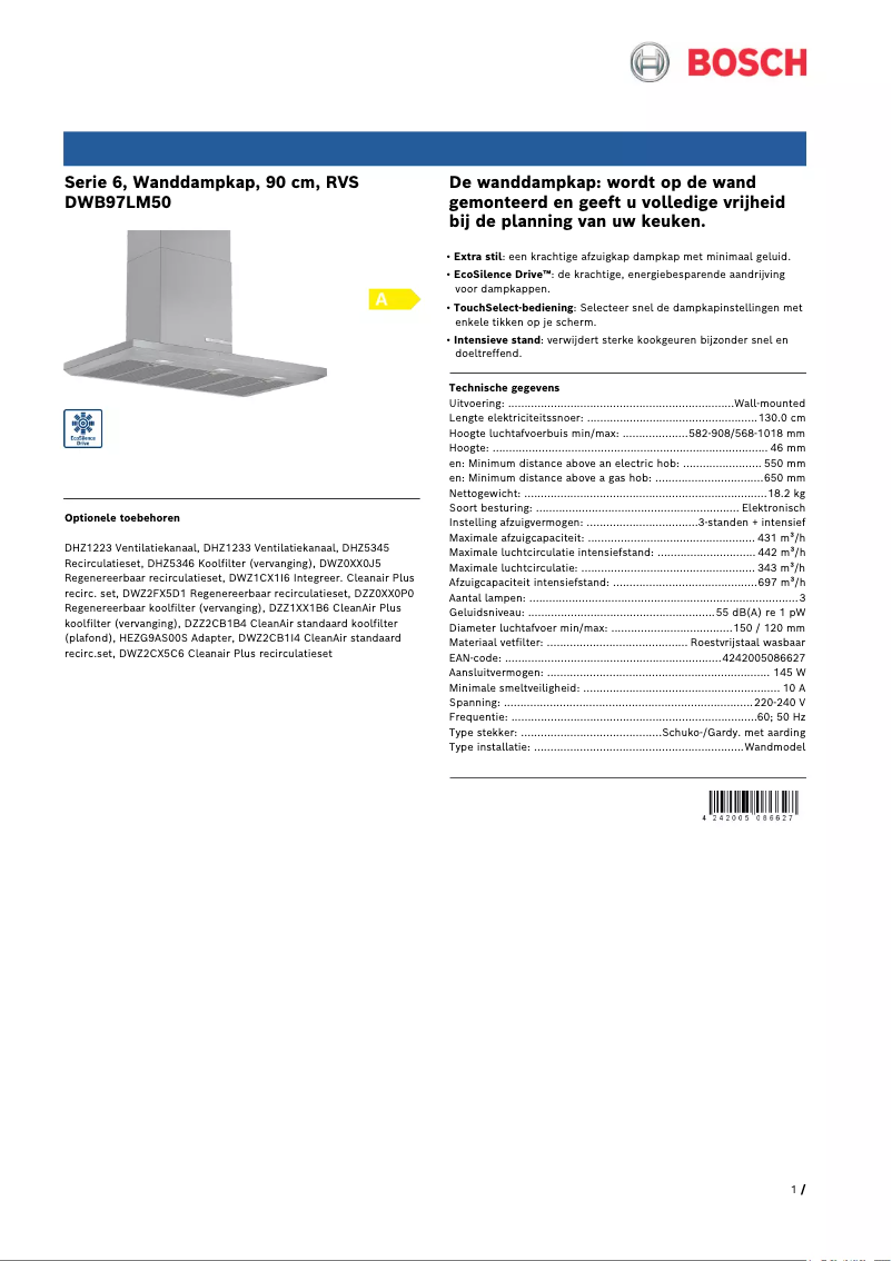 Page 1 de la notice Fiche technique Bosch DWB97LM50