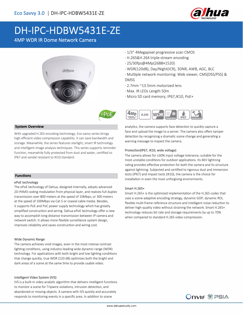 Page 1 de la notice Fiche technique Dahua Technology IPC-HDBW5431E-ZE