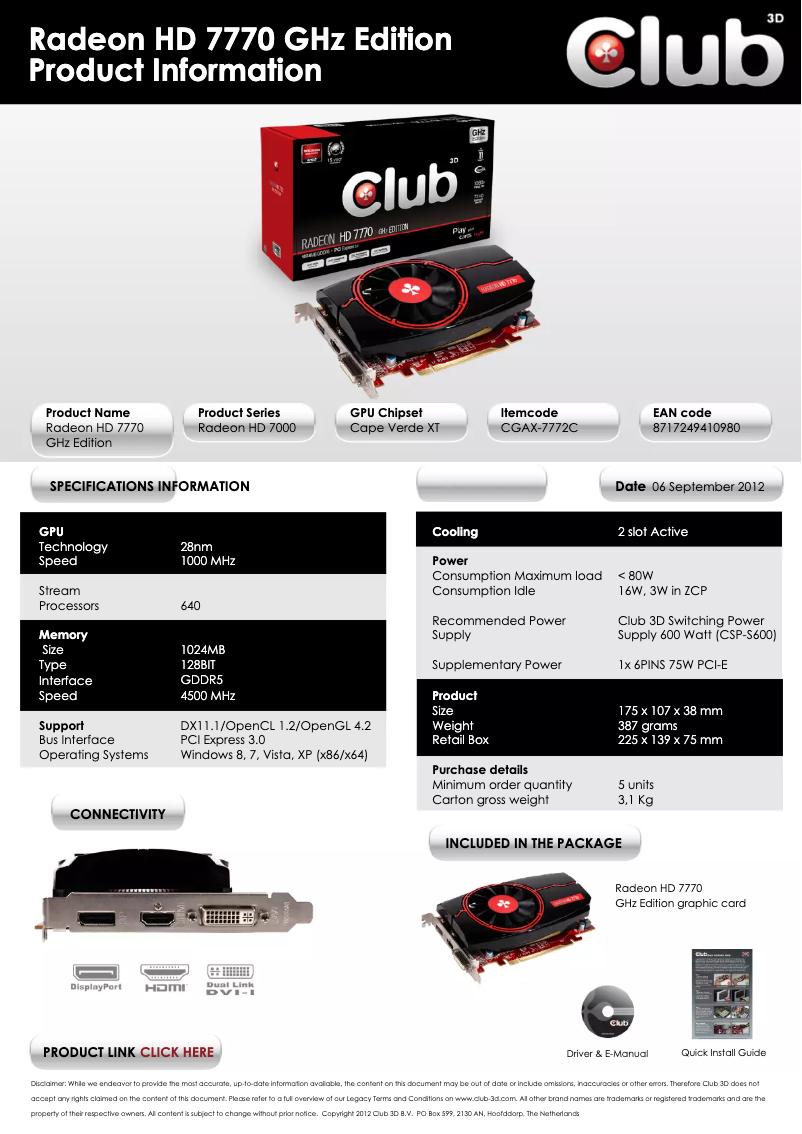 Page 1 of the manual User Manual CLUB3D Radeon HD 7770 GHz Edition