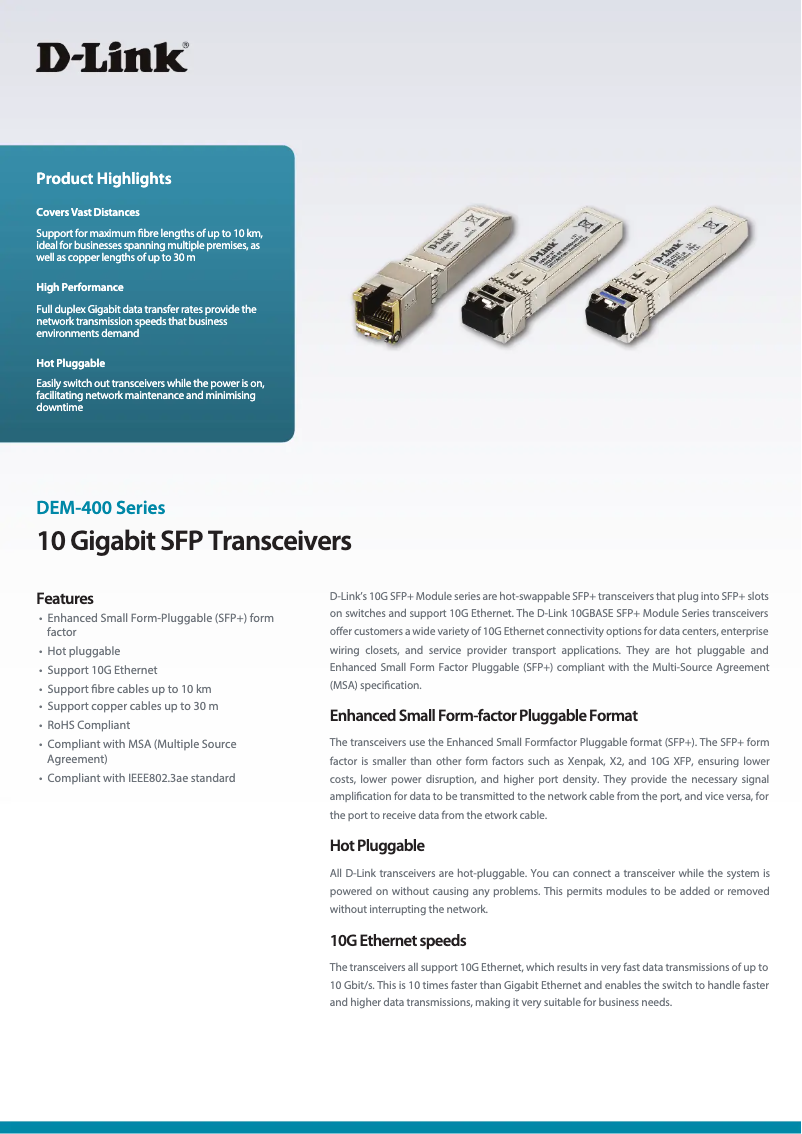 Page 1 of the manual Technical Sheet D-Link DEM-432XT