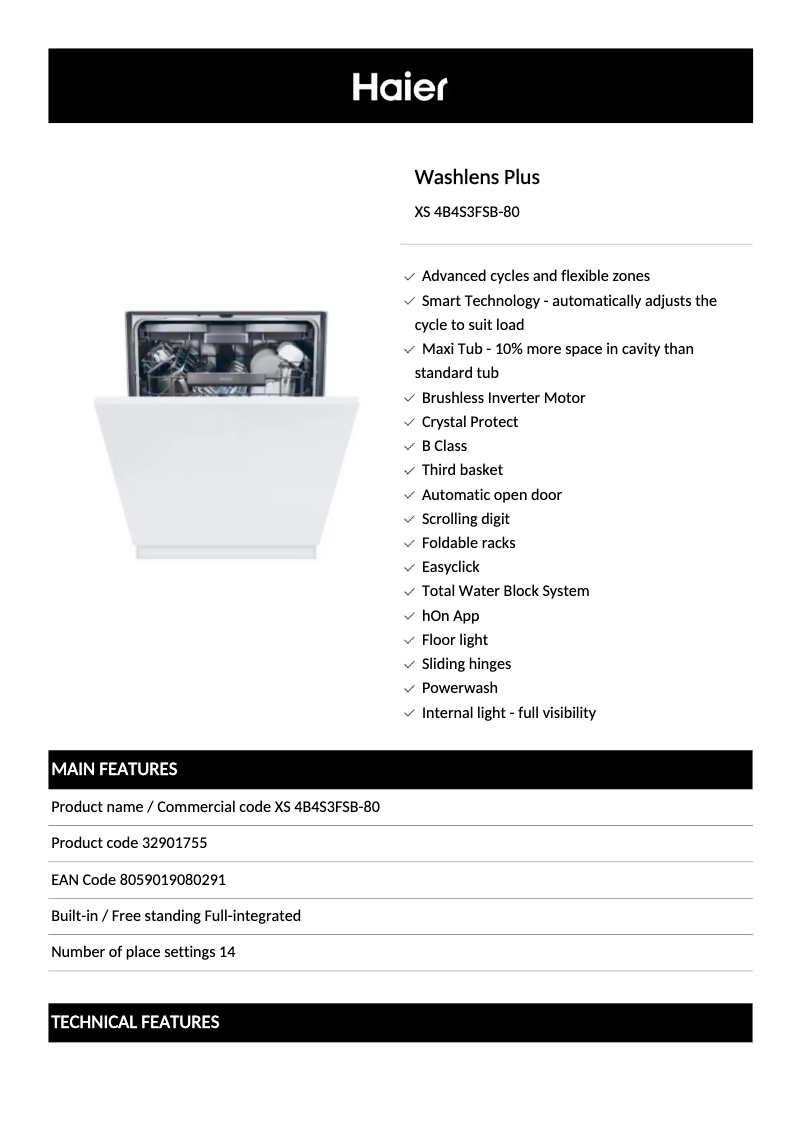Página 1 del manual Ficha técnica Haier XS 4B4S3FSB-80