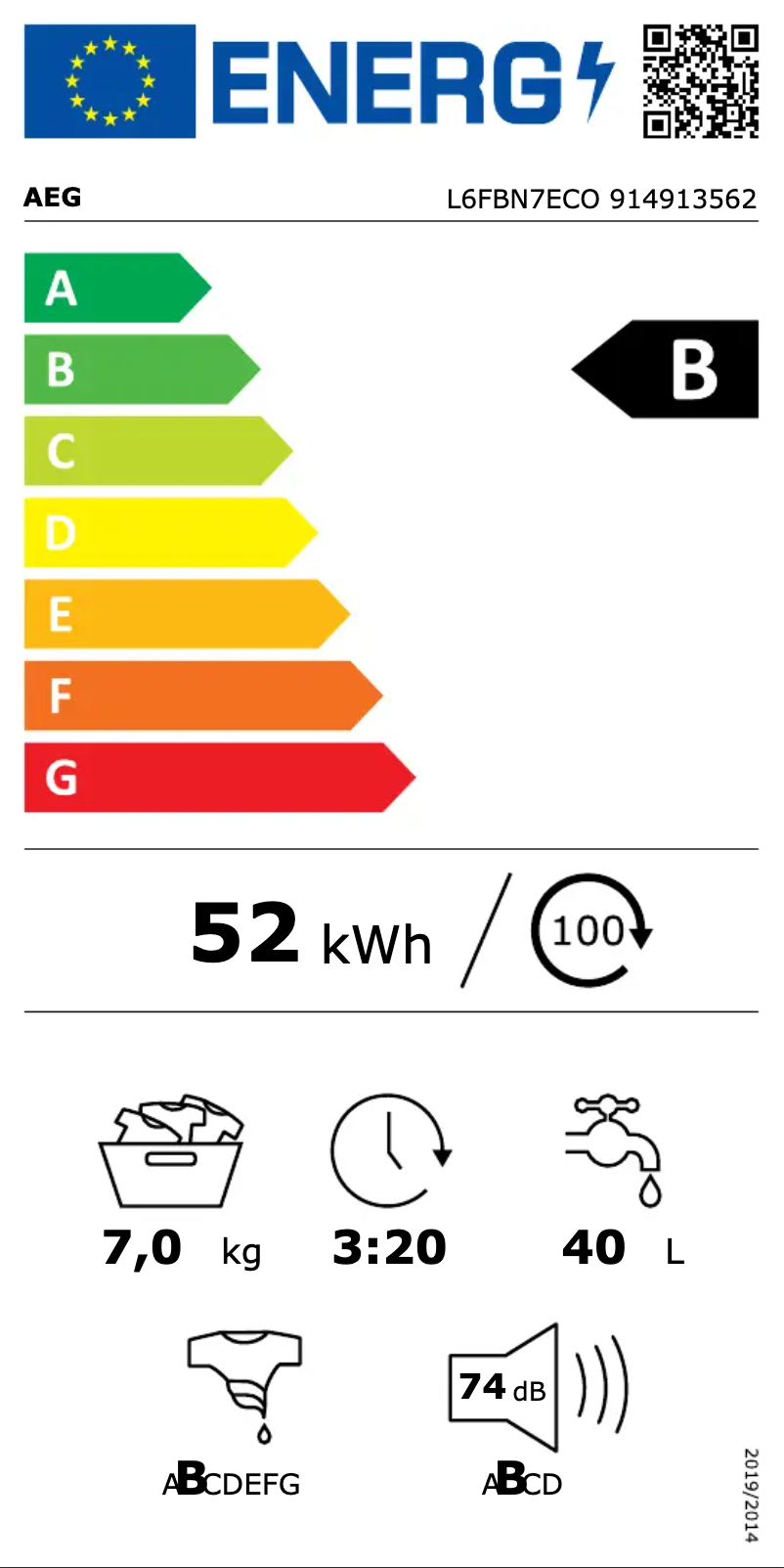 Page 1 de la notice Label énergétique AEG L6FBN7ECO