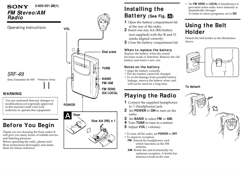 Page 1 de la notice Manuel utilisateur Sony SRF-49