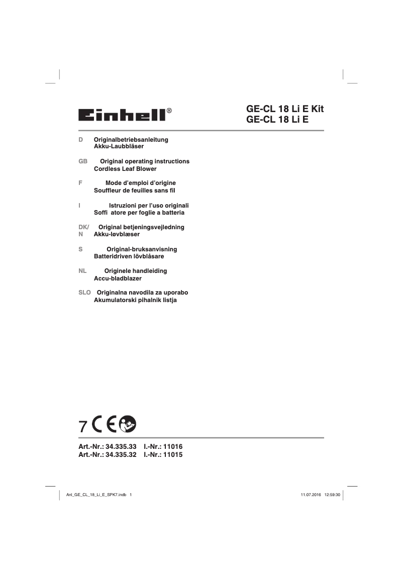 Page 1 de la notice Manuel utilisateur Einhell GE tot CL 18 Li E