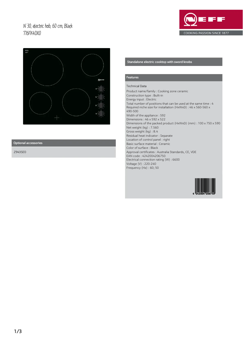 Page 1 de la notice Fiche technique Neff T16FK40X0