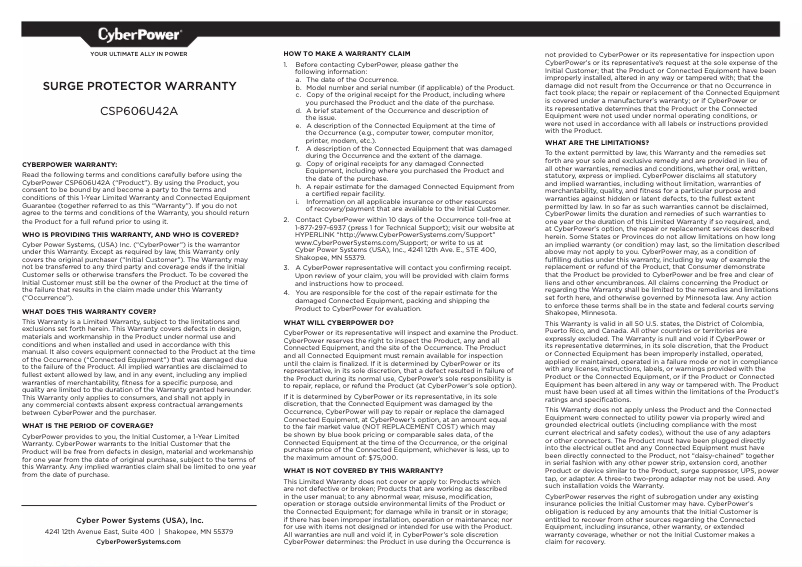 Página 1 del manual Información de garantía CyberPower CSP606U42A