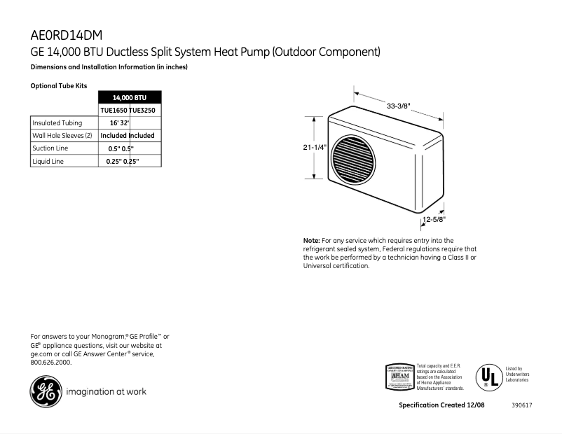 Página 1 del manual Ficha técnica GE AE0RD14DM