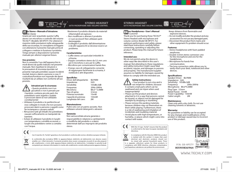Page 1 de la notice Manuel utilisateur Techly SB-HP5TY
