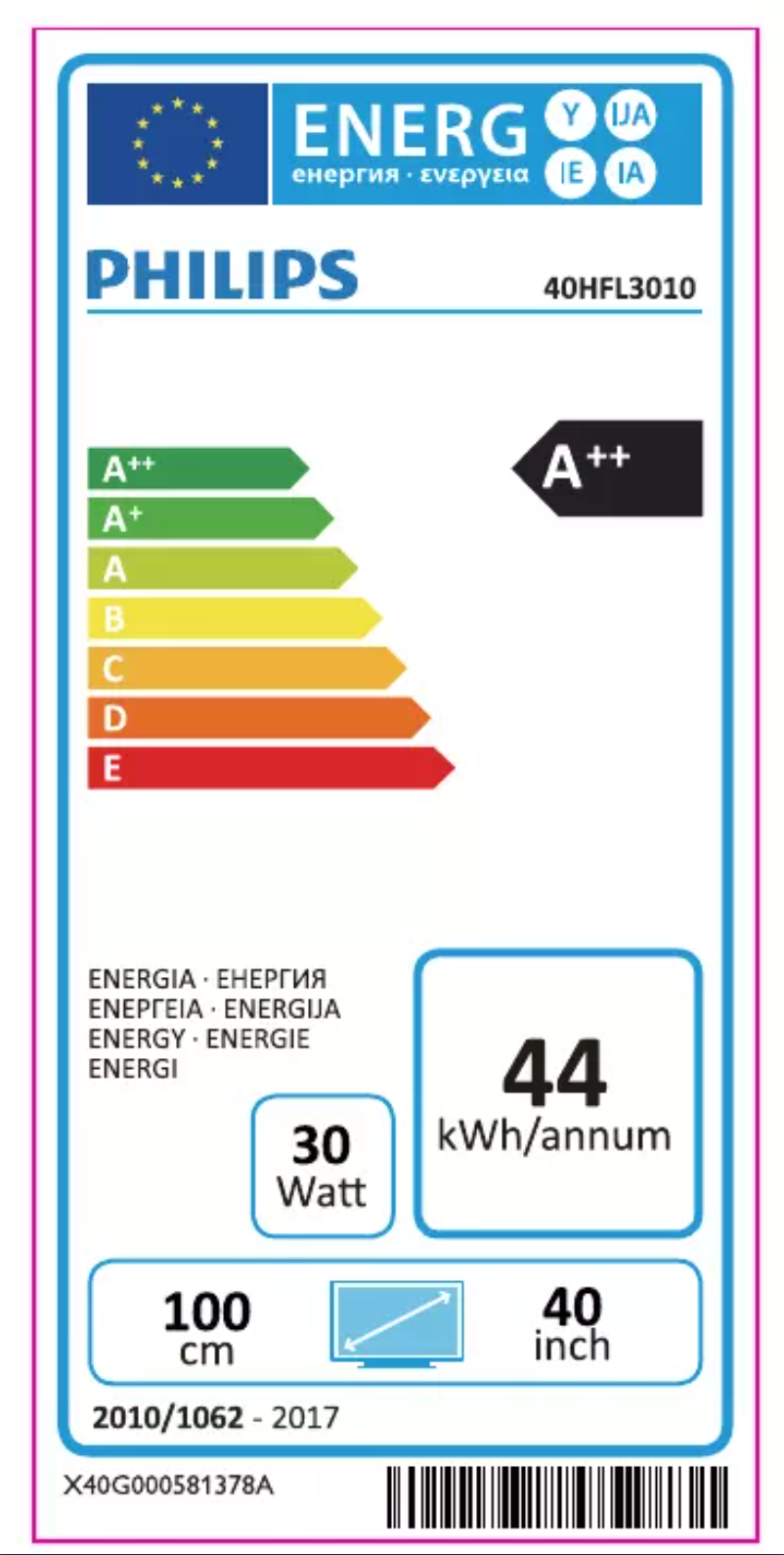 Page n°1 - Label énergétique Philips 40HFL3010T