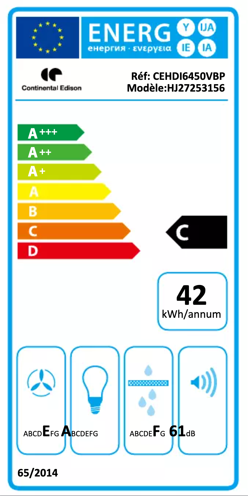 Page 1 de la notice Label énergétique Continental Edison CEHDI6450VR