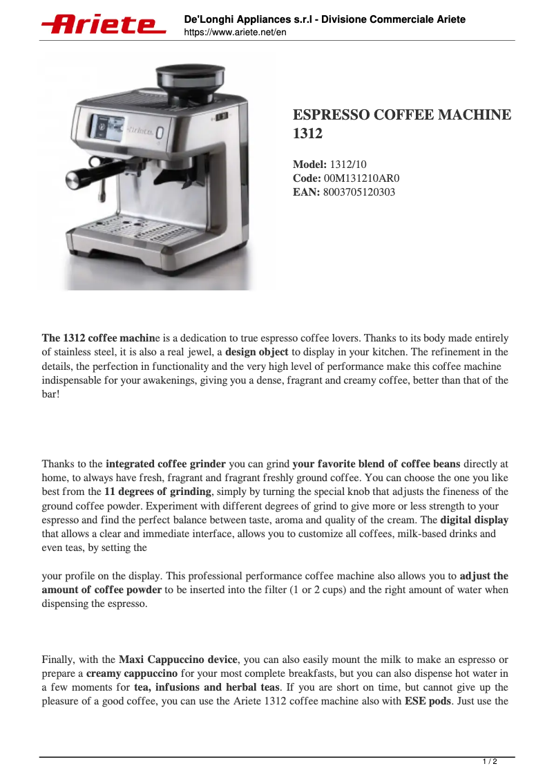 Page 1 de la notice Fiche technique Ariete 1312