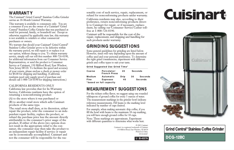 Page 1 de la notice Manuel utilisateur Cuisinart Grind Central DCG-12BC
