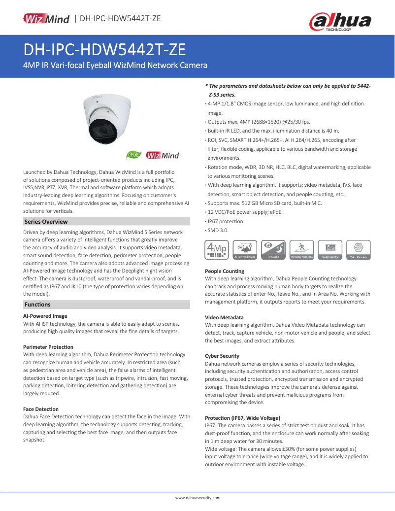 Page 1 de la notice Fiche technique Dahua Technology IPC-HDW5442T-ZE
