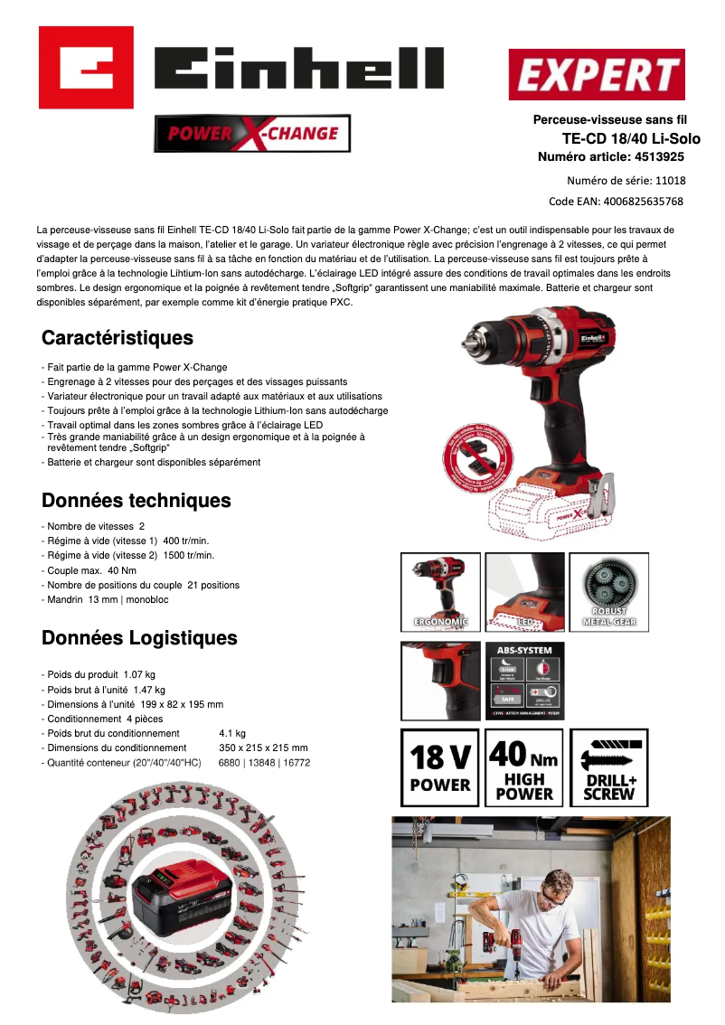 Página 1 del manual Ficha técnica Einhell TE-CD 18/40 Li