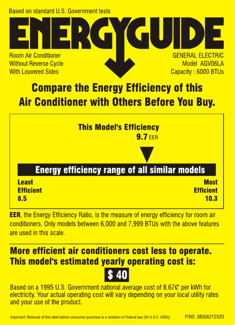 Page 1 of the manual Energy Label GE AGV06LA