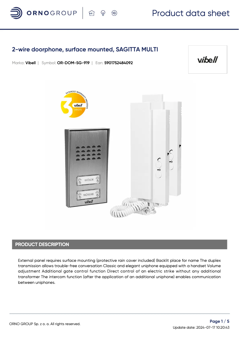 Page 1 de la notice Fiche technique ORNO OR-DOM-SG-919