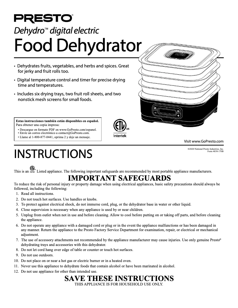 Page 1 de la notice Manuel utilisateur Presto Dehydro 06304