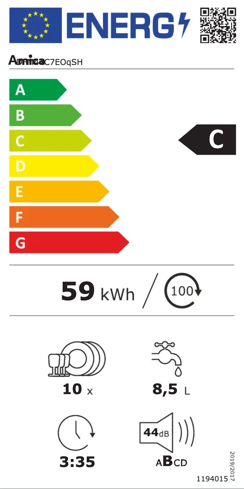 Page 1 de la notice Label énergétique Amica DFM44C7EOqSH
