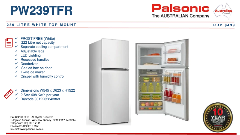 Page 1 de la notice Fiche technique Palsonic PW239TFR