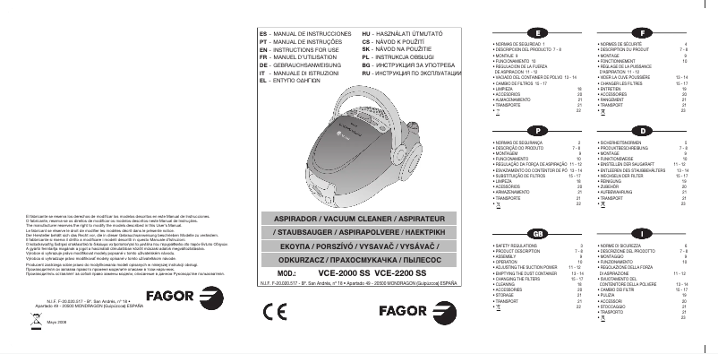 Page 1 de la notice Manuel utilisateur Fagor VCE-2200 SS