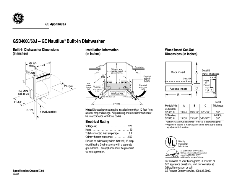 Página 1 del manual Ficha técnica GE Nautilus GSD4000JWW