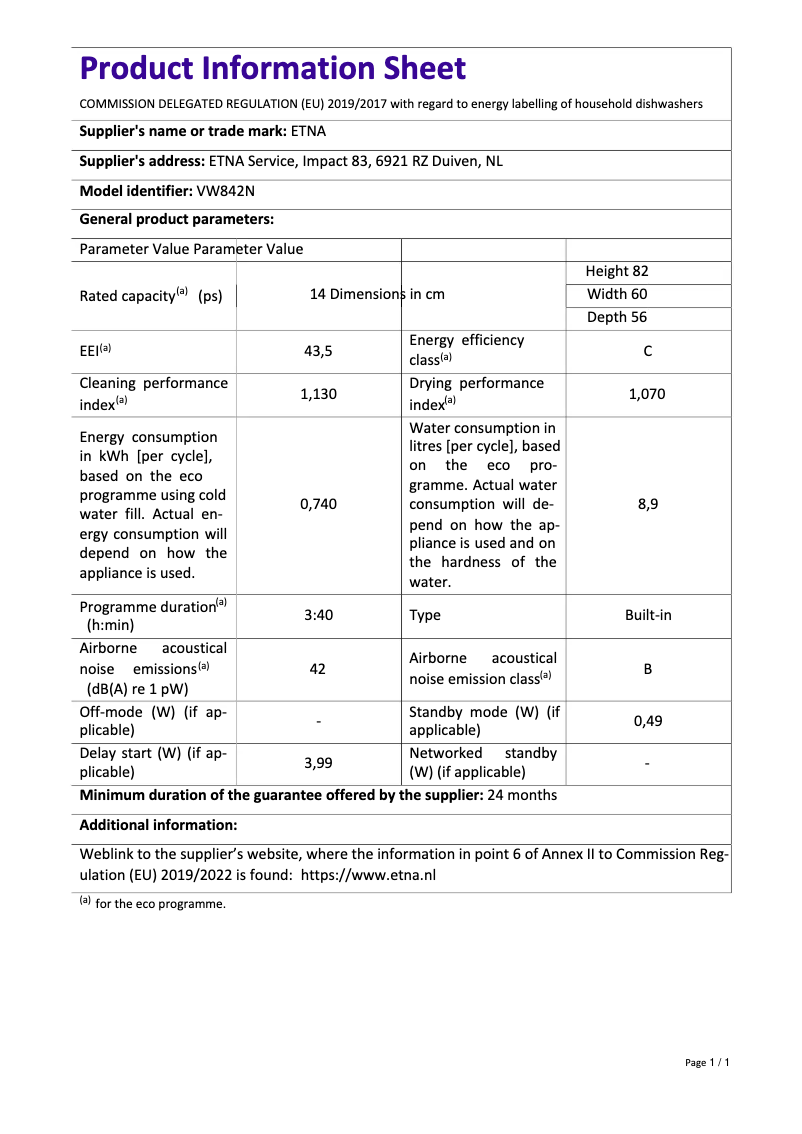 Page 1 de la notice Fiche technique Etna VW842N