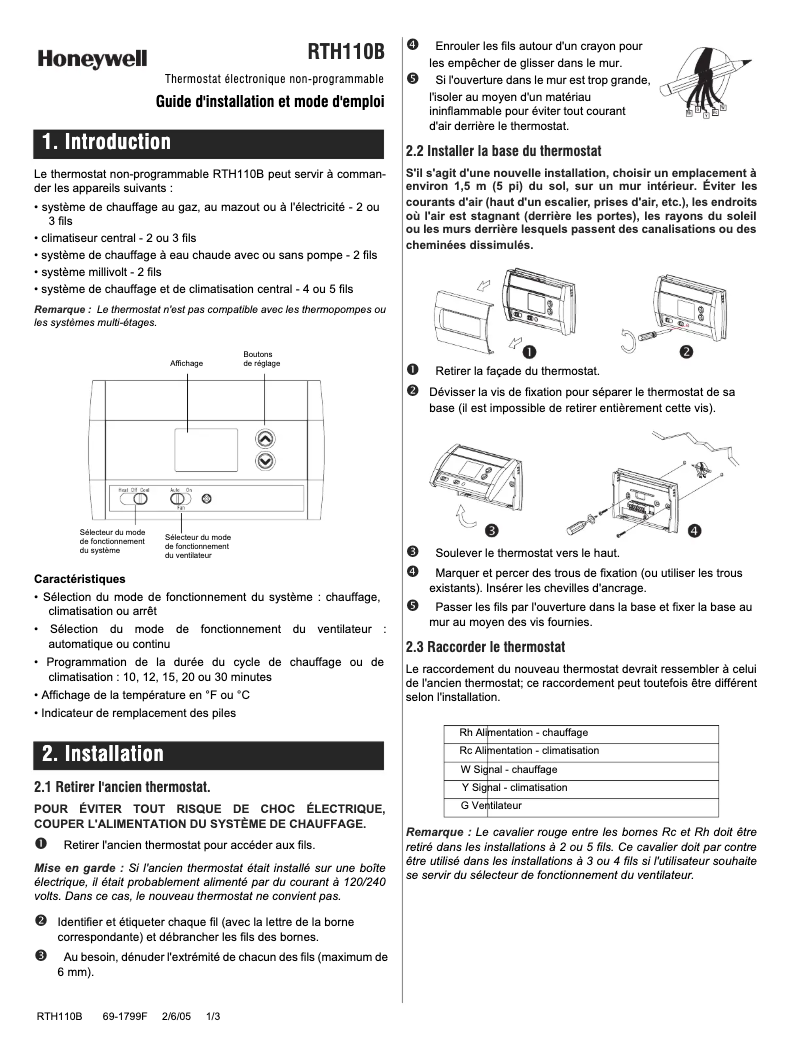 Page 1 de la notice Manuel utilisateur Honeywell RTH110B