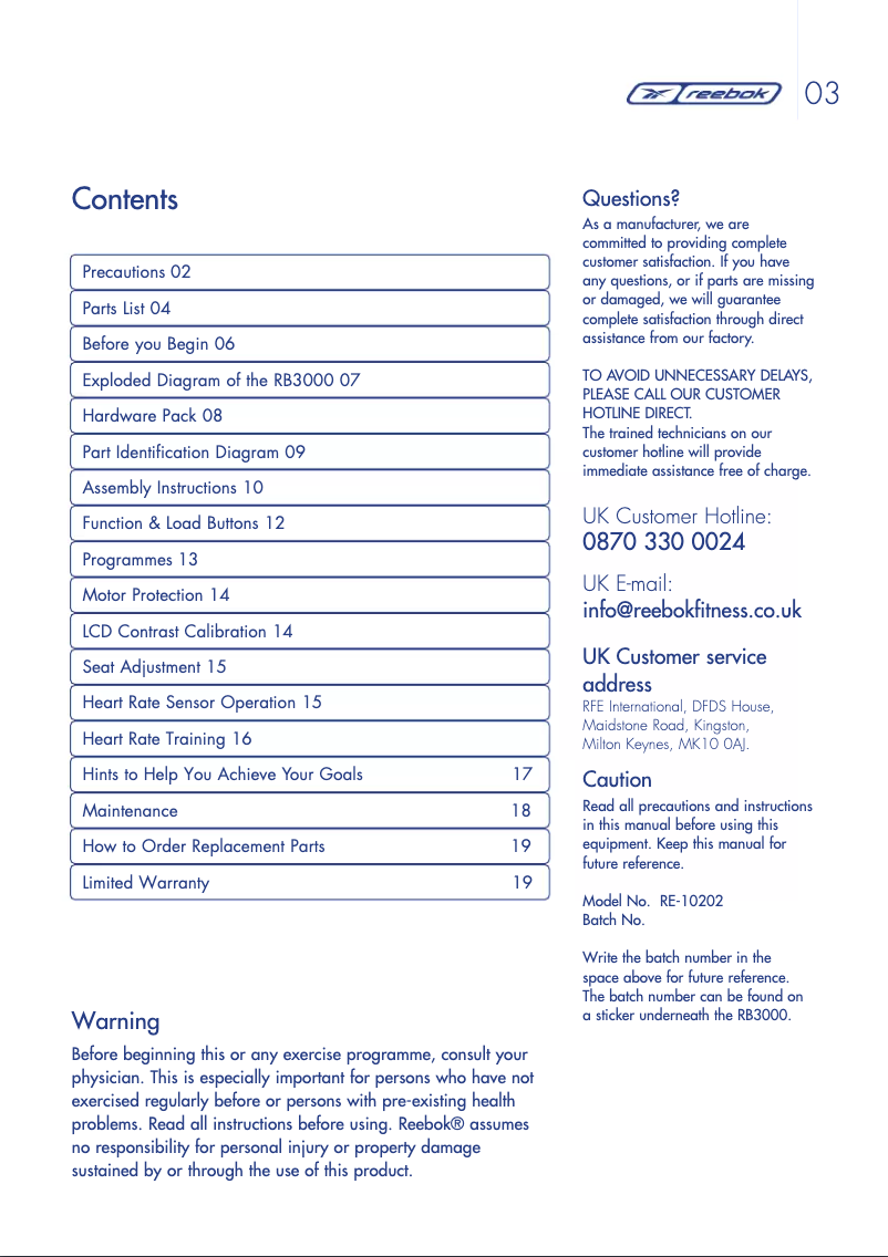Page 1 de la notice Manuel utilisateur Reebok RB3000