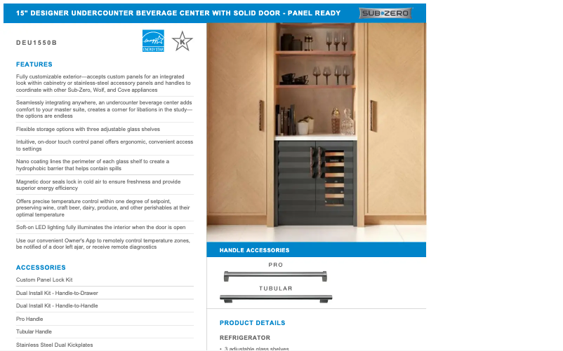 Page 1 de la notice Manuel utilisateur Sub-Zero DEU1550B