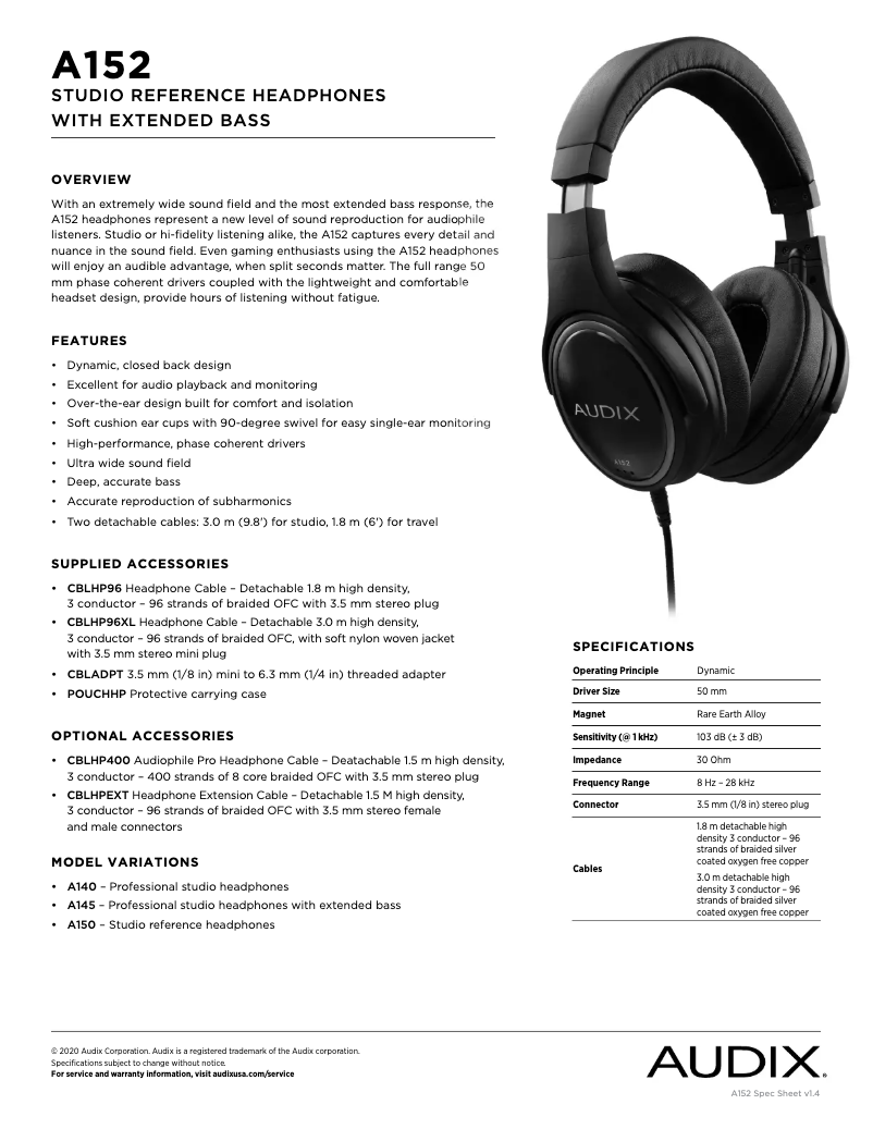 Page 1 de la notice Fiche technique Audix A152