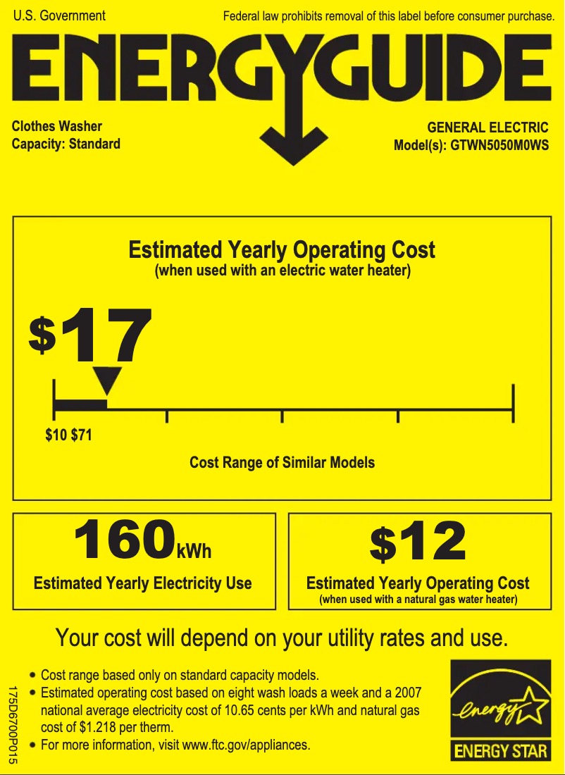 Página 1 del manual Etiqueta energética GE GTWN5050MWS