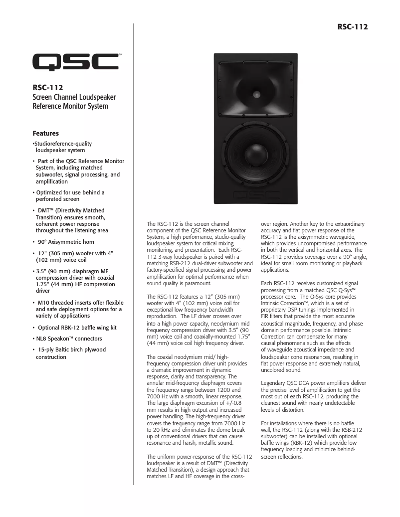 Page 1 de la notice Fiche technique QSC RSC-112