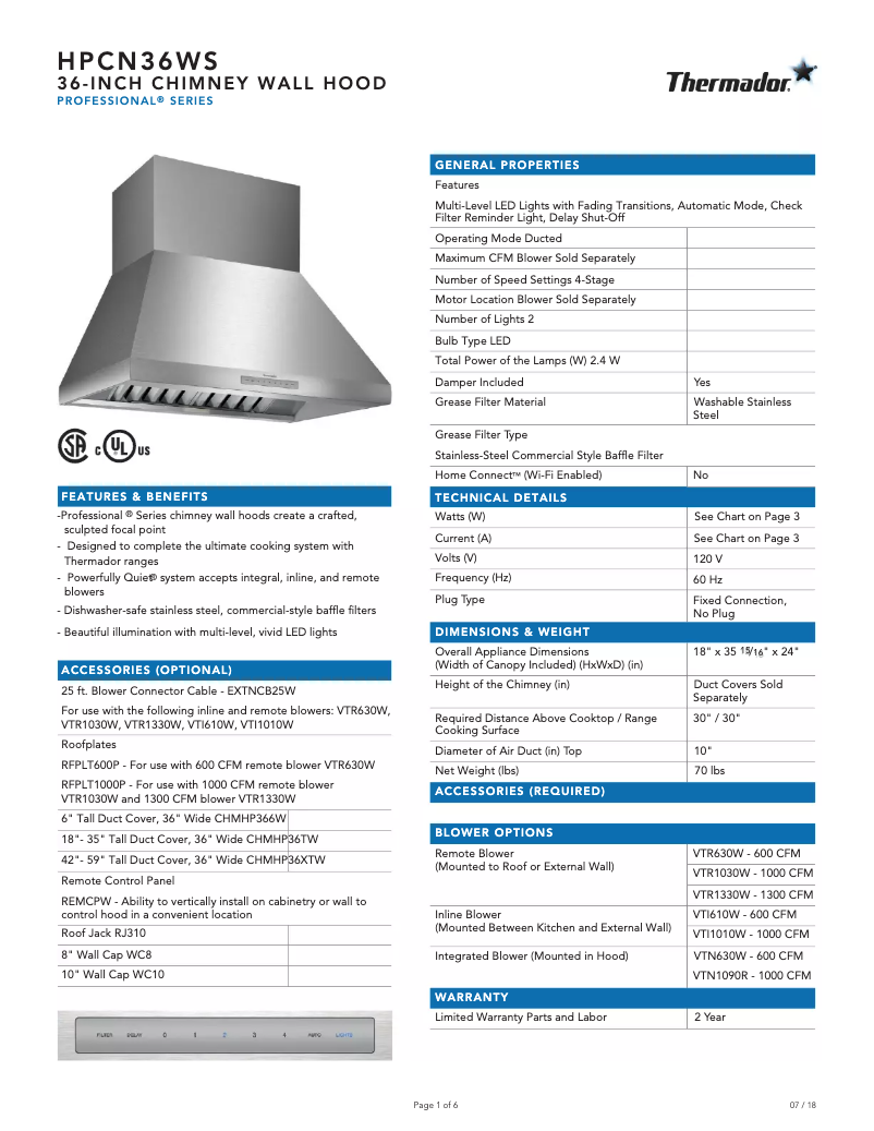 Page 1 of the manual Technical Sheet Thermador HPCN36WS