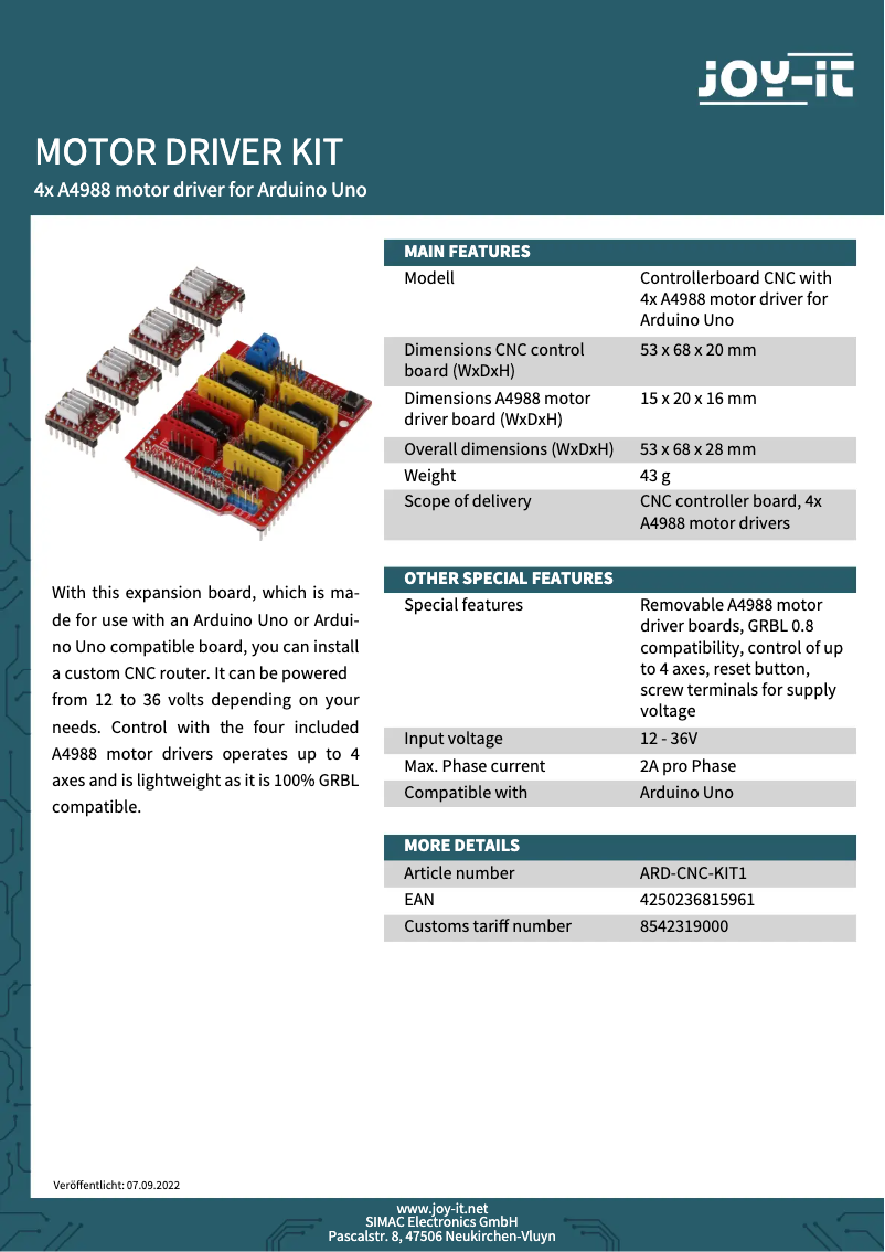 Page 1 de la notice Fiche technique Joy-It Ard-CNC-Kit1