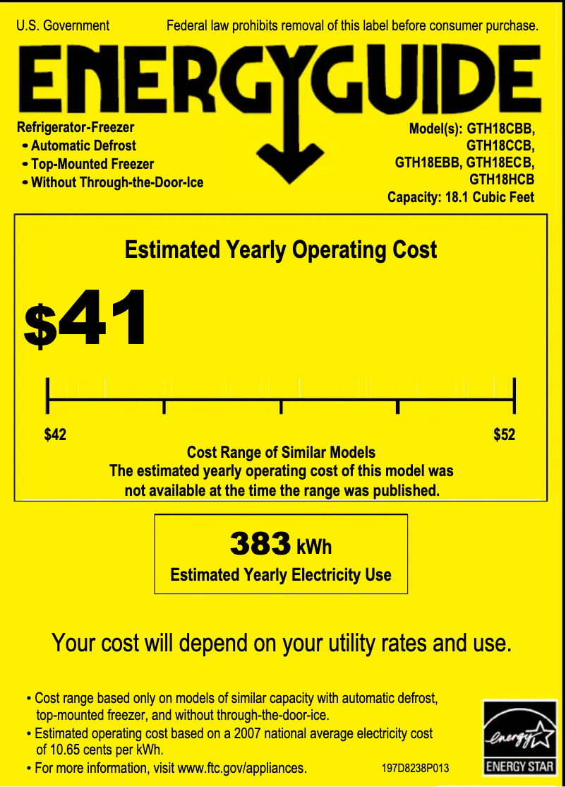 Page 1 of the manual Energy Label GE GTH18EBBBB
