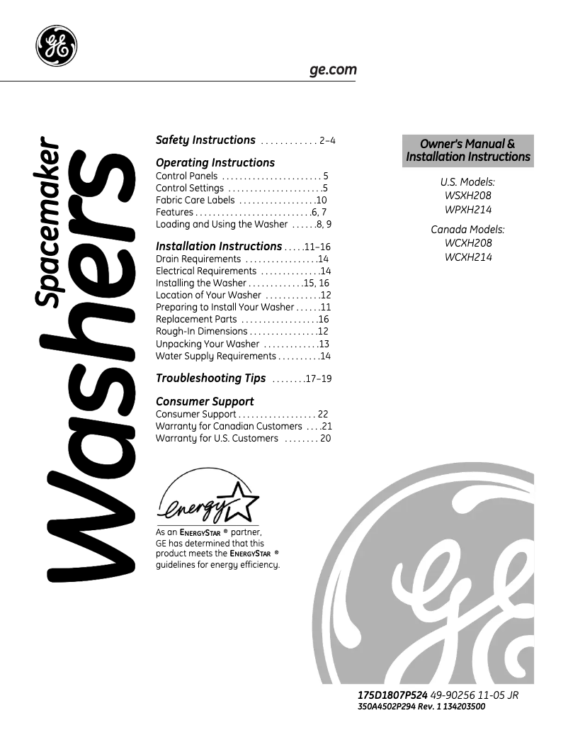 Page 1 de la notice Manuel d'utilisation et d'entretien GE WSXH208VWW